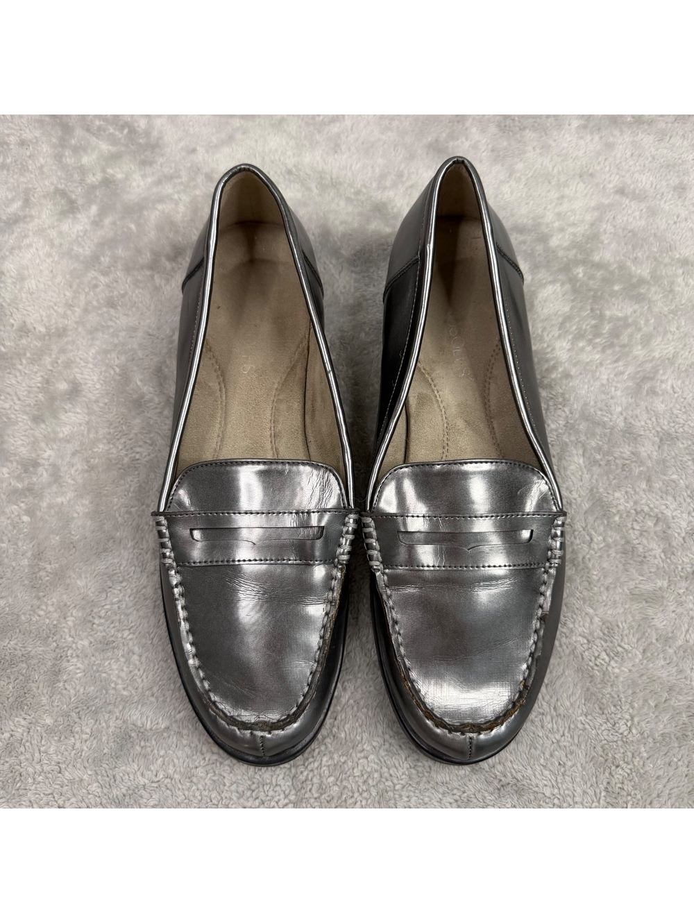 Aerosoles Womens 9M Metallic Silver Pewter Penny Loafers Slip On Comfort Shoes